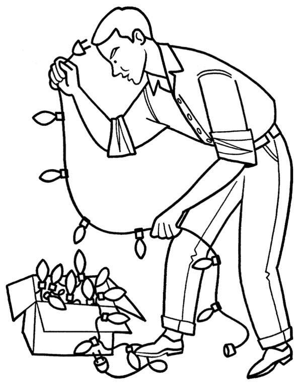 Online coloring book: Christmas man with Christmas lights coloring page